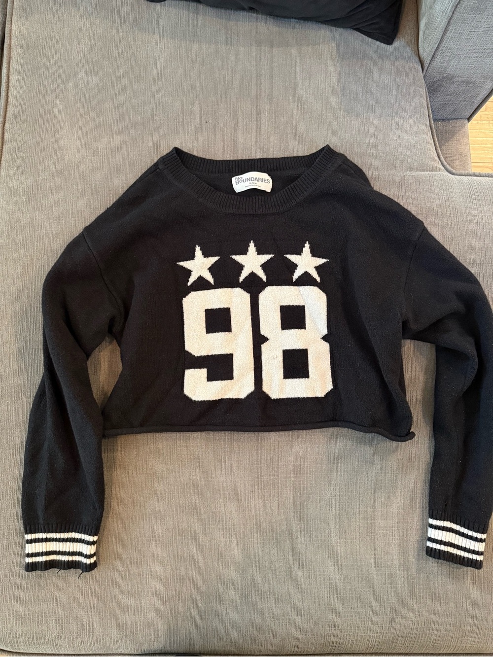 No Boundaries Black Cropped Crew Sweater with White